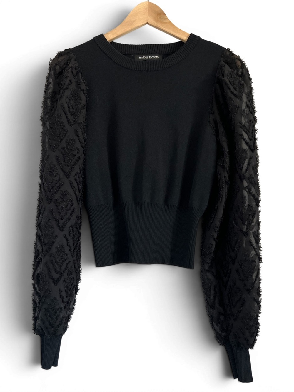 Jealous Tomato Black Sweater Sheer Puff Sleeve Fringe Detail Scoop Neck Size L